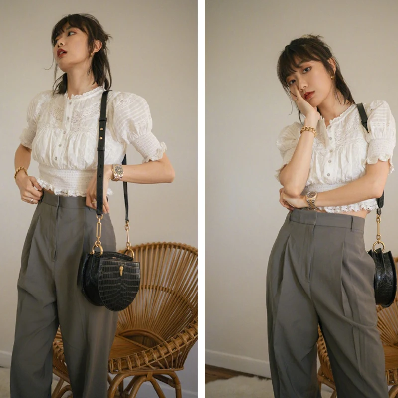 

Брюки Savis Grey с высокой талией, свободного прямого кроя, в стиле Harlan, весна-лето, новая модель, корейская версия, широкие брюки-трубы, повседневные брюки