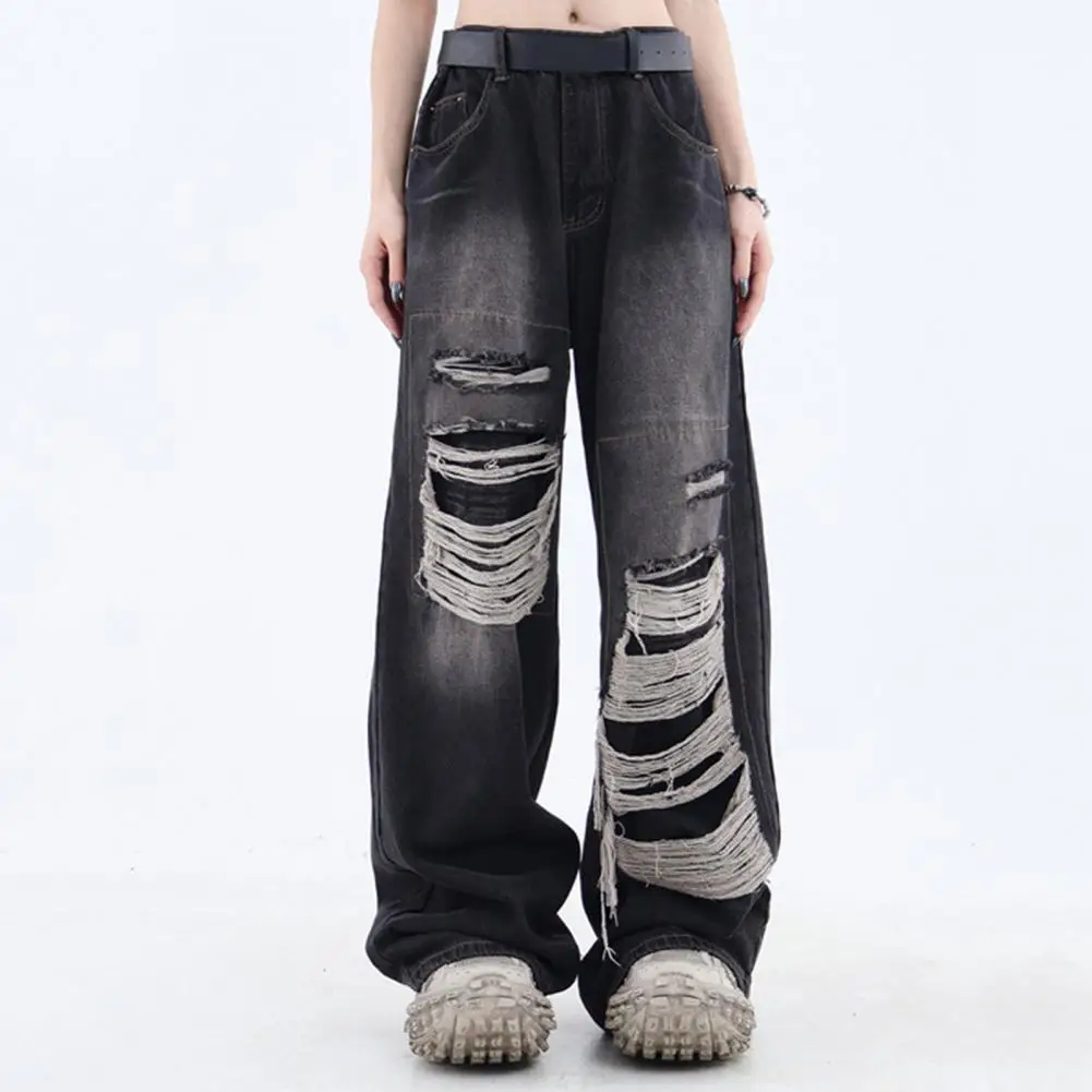 Ripped Patch Jeans Distressed Jeans Vintage Gothic High Waist Wide Leg Women's Jeans with Ripped Holes Hip Hop Style for A