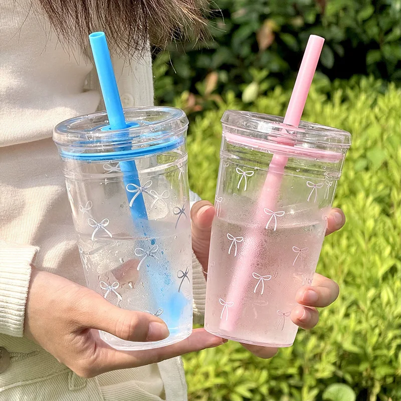 

Single Layer Transparent Plastic Water Bottle With Straw Simple Bow Print Water Cup Office Coffee Mug Matcha Milk Tea Ice Cup
