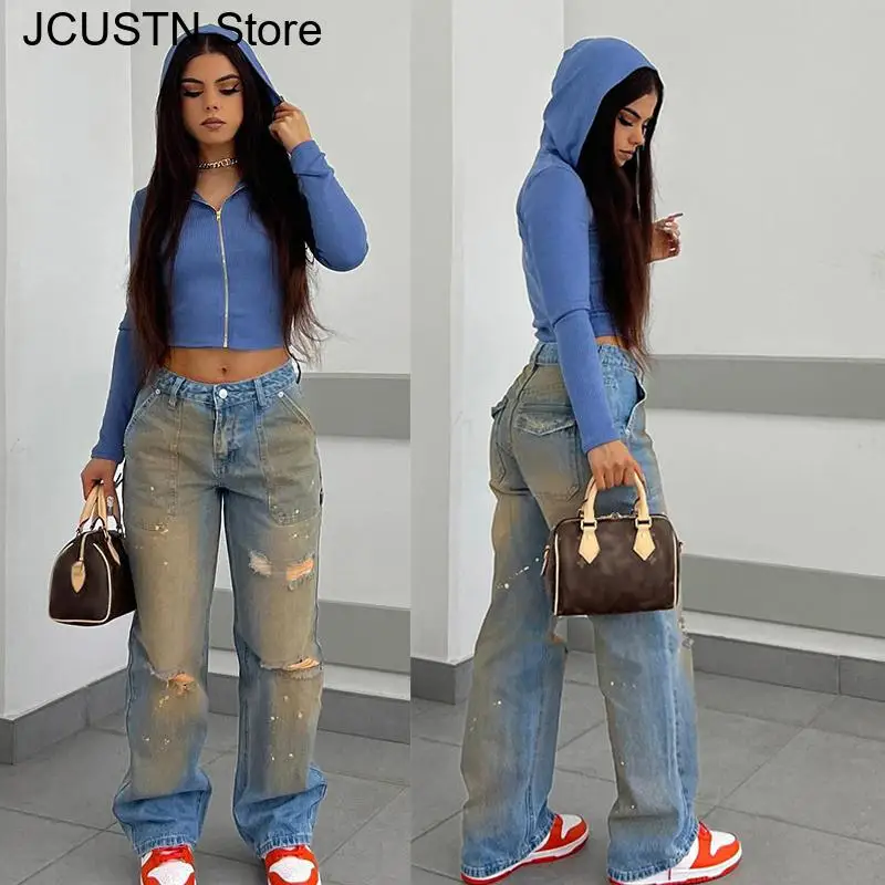 

American Retro Ripped Jeans for Women Ripped Jeans Fashion Hole Washed Distressed Straight Denim Pants Streetwear Warm Trousers