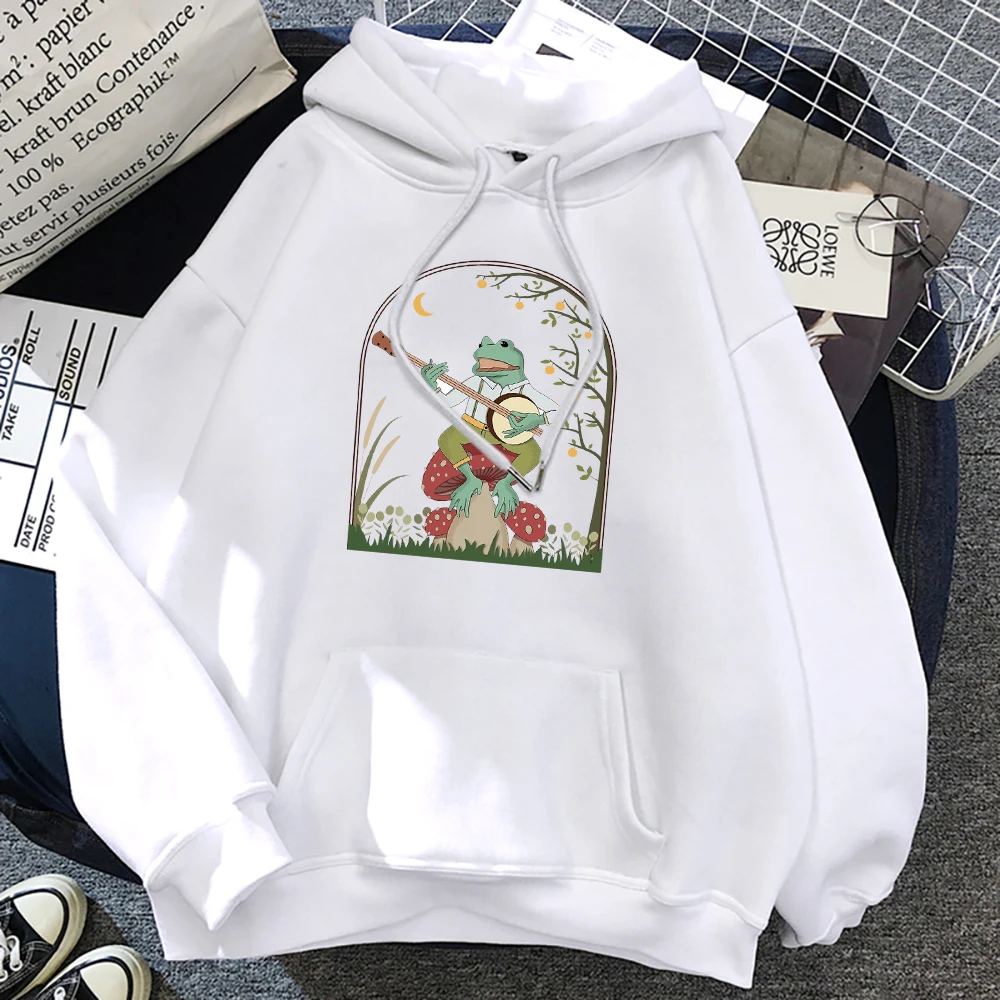 Cottagecore Aesthetic Frog Playing Banjo on Mushroom Men Hoodies Vintage Cartoons All-math Tops Fleece Warm Mans Long Sleeves