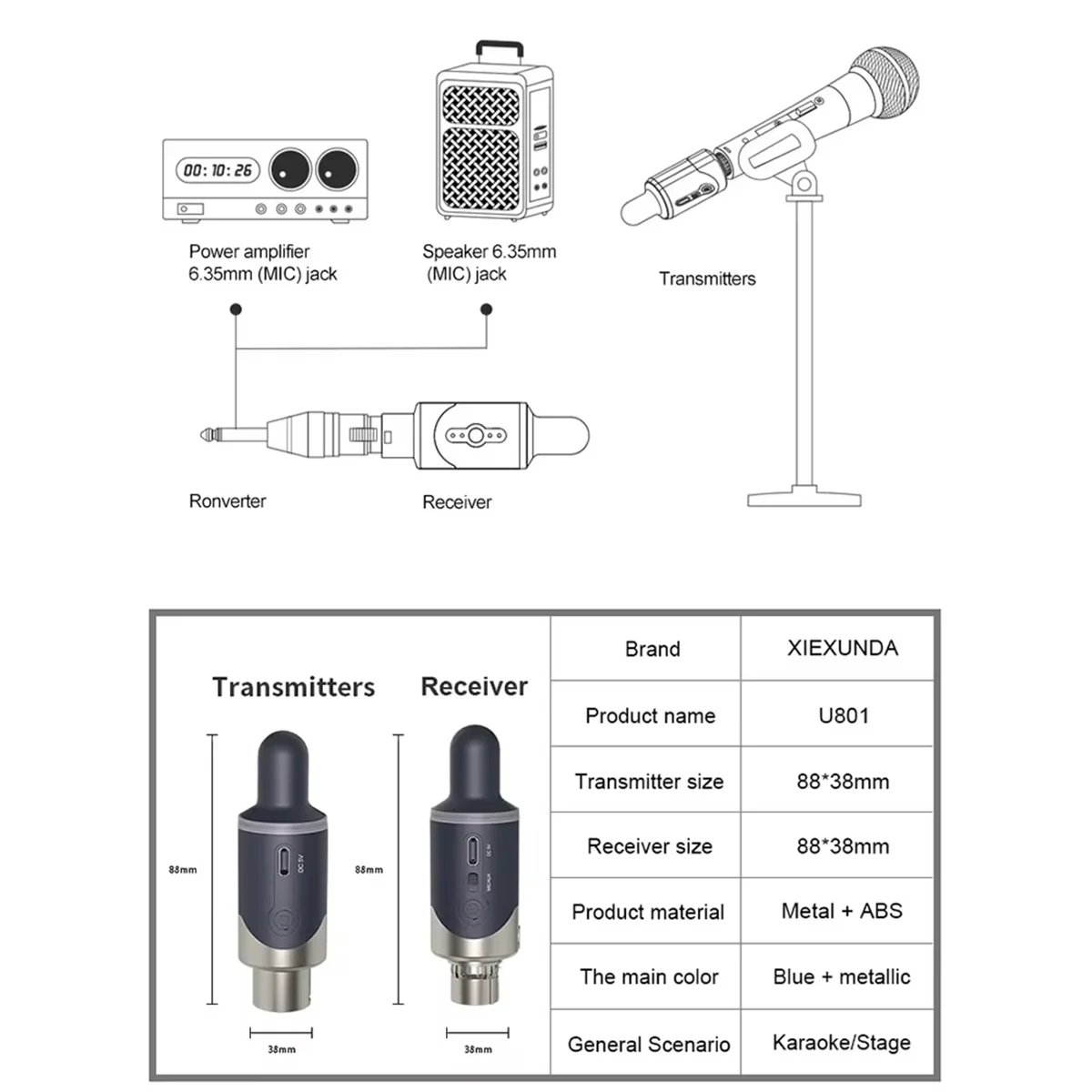 

2025-3C New UHF Wireless Mic Adapter XLR Transmitter & Receiver Converter Wireless Mic Rechargeable for Live Interview/Studio