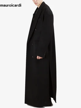 Men's Extra Long Wool Blend Overcoat 3 Mauroicardi Autumn Winter Extra Long Black Oversized Thick Warm Soft Wool & Blends Coat Men Double Breasted Korean Fashion 2023 3