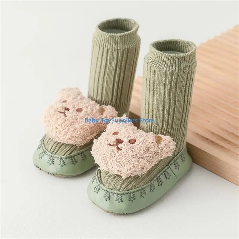 

R1WF Toddler Floor Socks with Grips for Infant Gender Neutral Prewalker Shoes for Baby Cartoon Bear Soft Baby Indoor Shoes