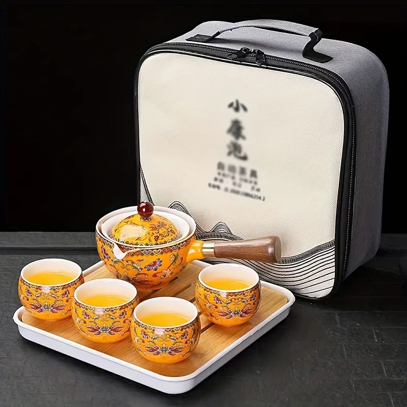 6pcs Traditional Chinese Enamel Travel Tea Set, Portable Outdoor Ceramic Tea Kit With 1 Teapot, 4 Cups & Tray, Plus Carry Bag, A