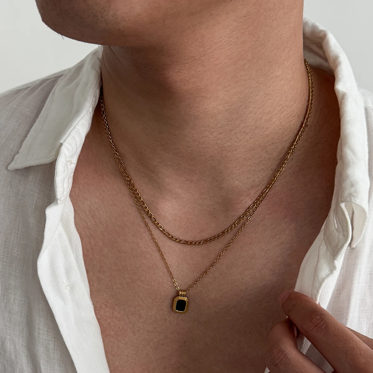 SHIXIN Stainless Steel Black Square Pendant Necklace Men Fashion Double-Layer Charm Adjustable Sweater Chain Waterproof Jewelry