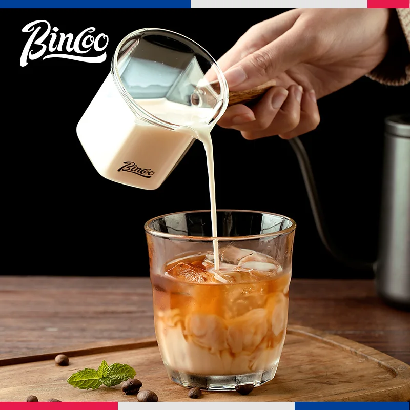 Imagem -02 - Bincoo 120ml Copo de Medição Espresso de Vidro com Punho de Madeira Alta Borosilicate Vidro da Cozinha Clara Medida Caneca de Leite