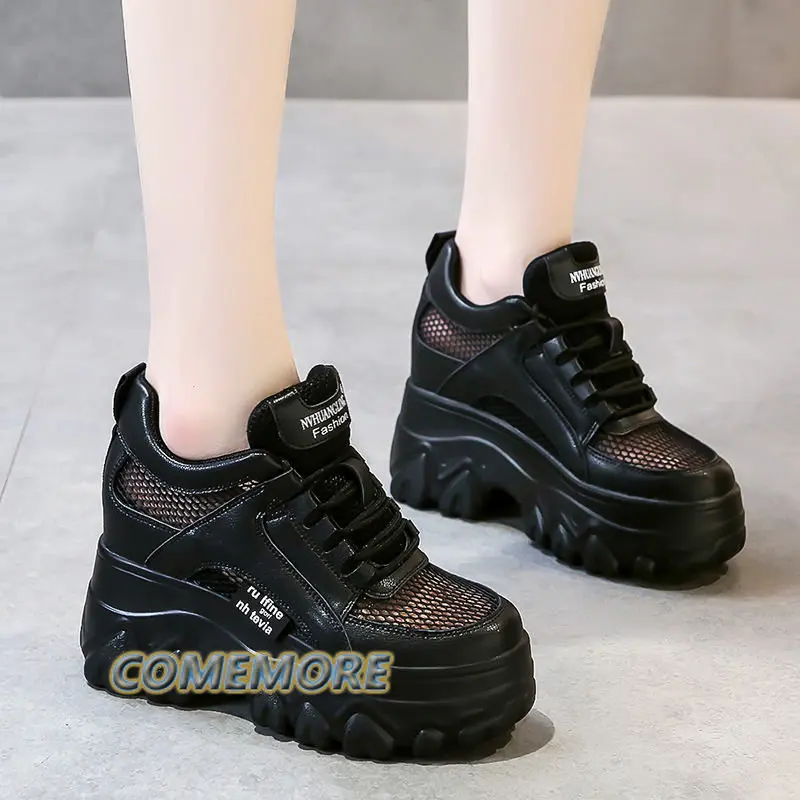 Platform Sports Shoes Fashion Spring Summer Running Shoes for Women\'s Breathable Casual Sneakers Tennis Female Black Lace-up PU