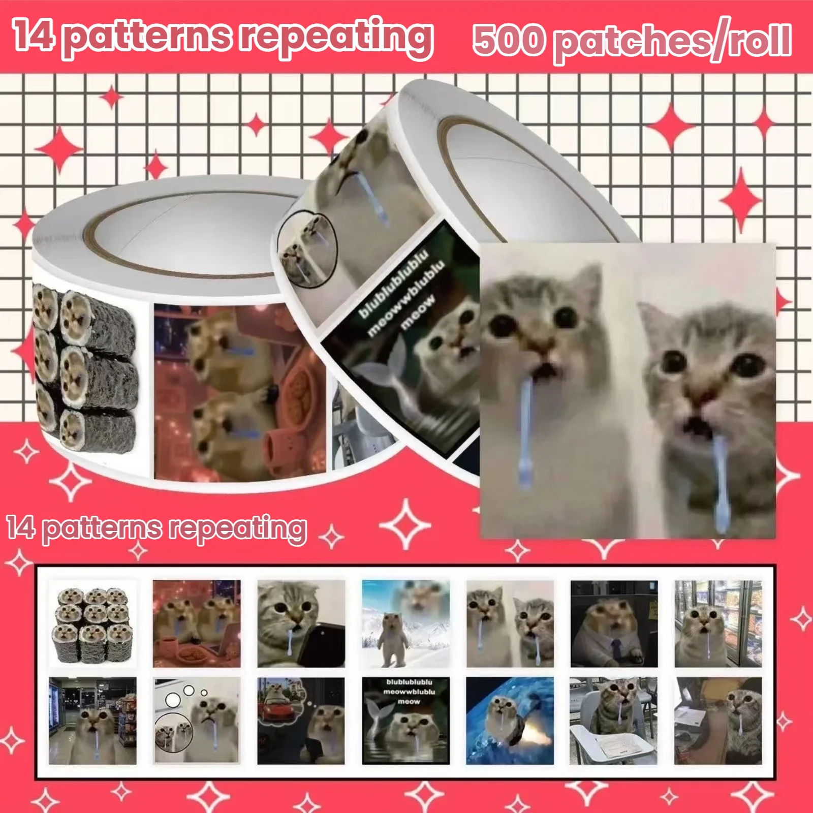 2500Pcs Viral Saliva Cat Meme Roll Stickers Funny Internet Kitten Decor Decals for Scrapbook Stationery DIY Crafts