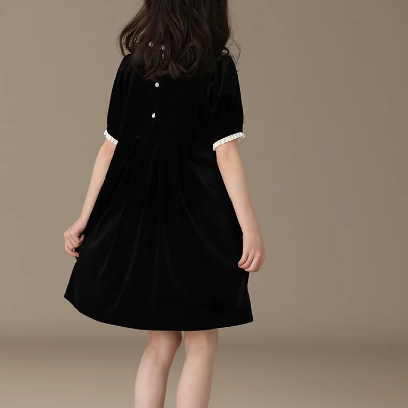 Summer New Children Girls Dress Crewneck Elegant Black Color Pleuche Short-sleeved Princess Dress for 4-12Y Kids