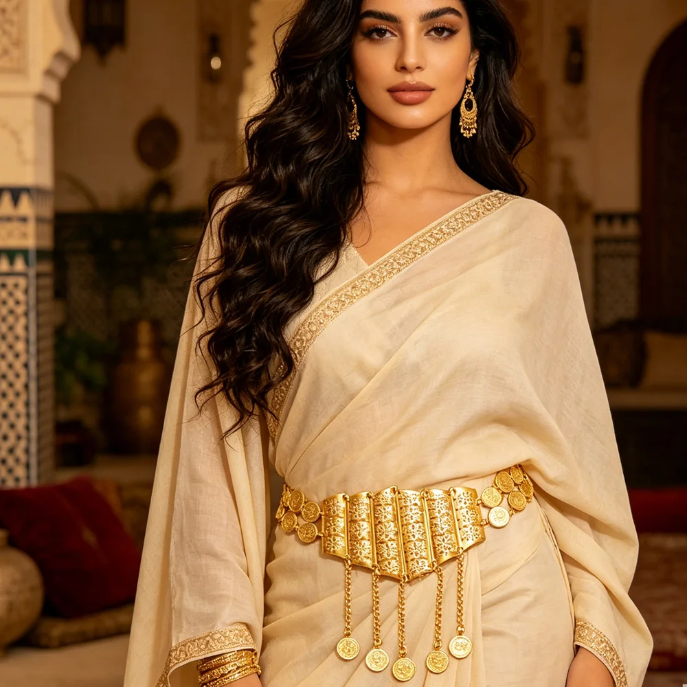 Golden Plated Ethnic Waist Belt with Engraved Coins & Filigree Panels Adjustable Chain Belt for Arabic Bridal Abaya Wedding