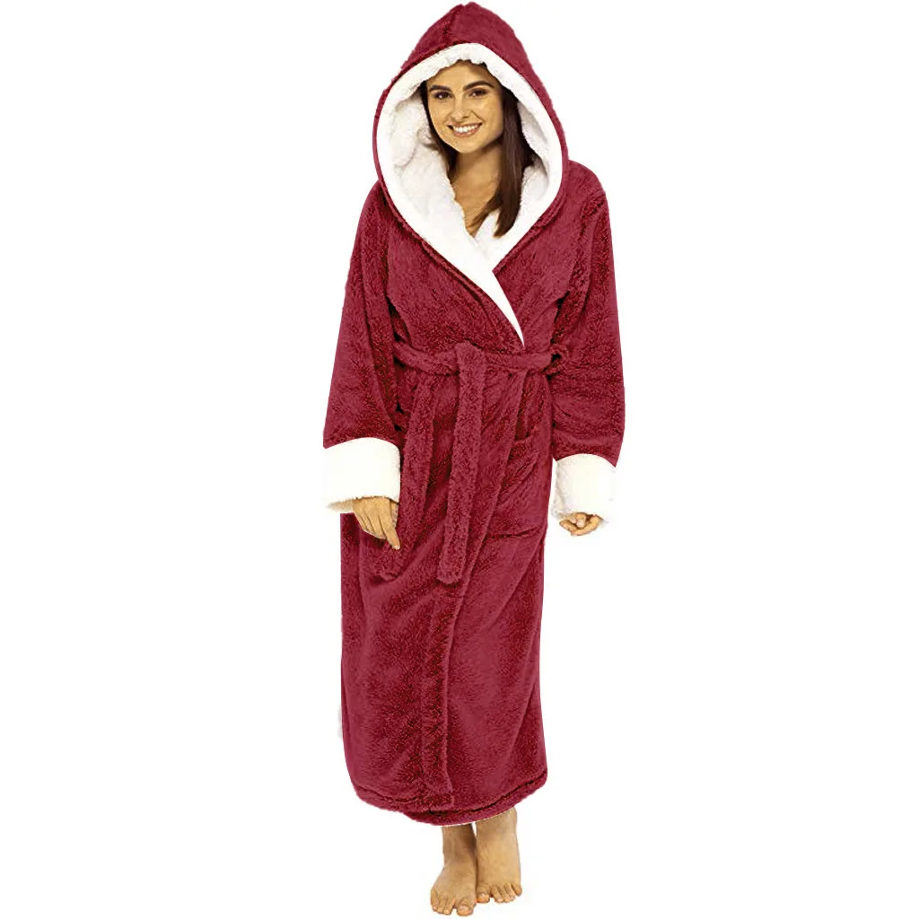 New Style Comfortable Home Clothes Women's Solid Color Long Sleeved Plush Bathrobe With Belt Autumn Winter Underwear Home Suit