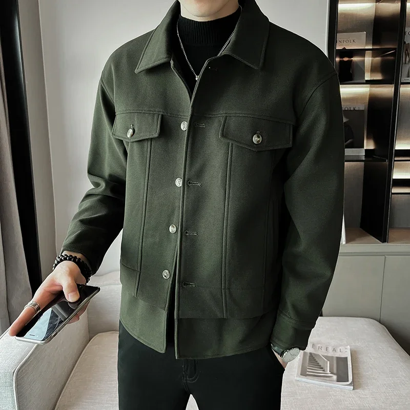 

Brand Clothing Mens Coats Woollen Fabric Tooling Lapel Thick Warm Casual Jackets/mens High Quality Solid Color Slim Jacket Coats
