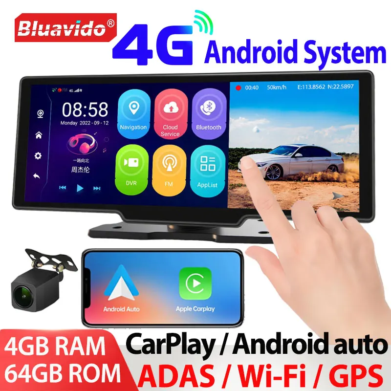Cámara de salpicadero Android 4G de 10,26 pulgadas compatible con CarPlay, Android auto delantera y trasera con tablero GPS 1080P DVR WiFi monitoreo remoto en vivo