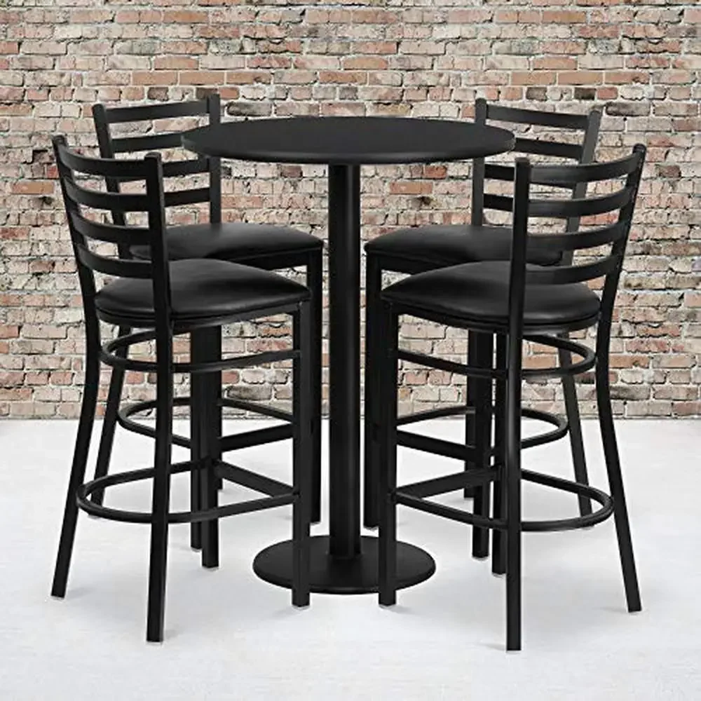 30'' Round Black Laminate Table Set 4 Barstools Round Base Ladder Back Metal Black Vinyl Seat 31