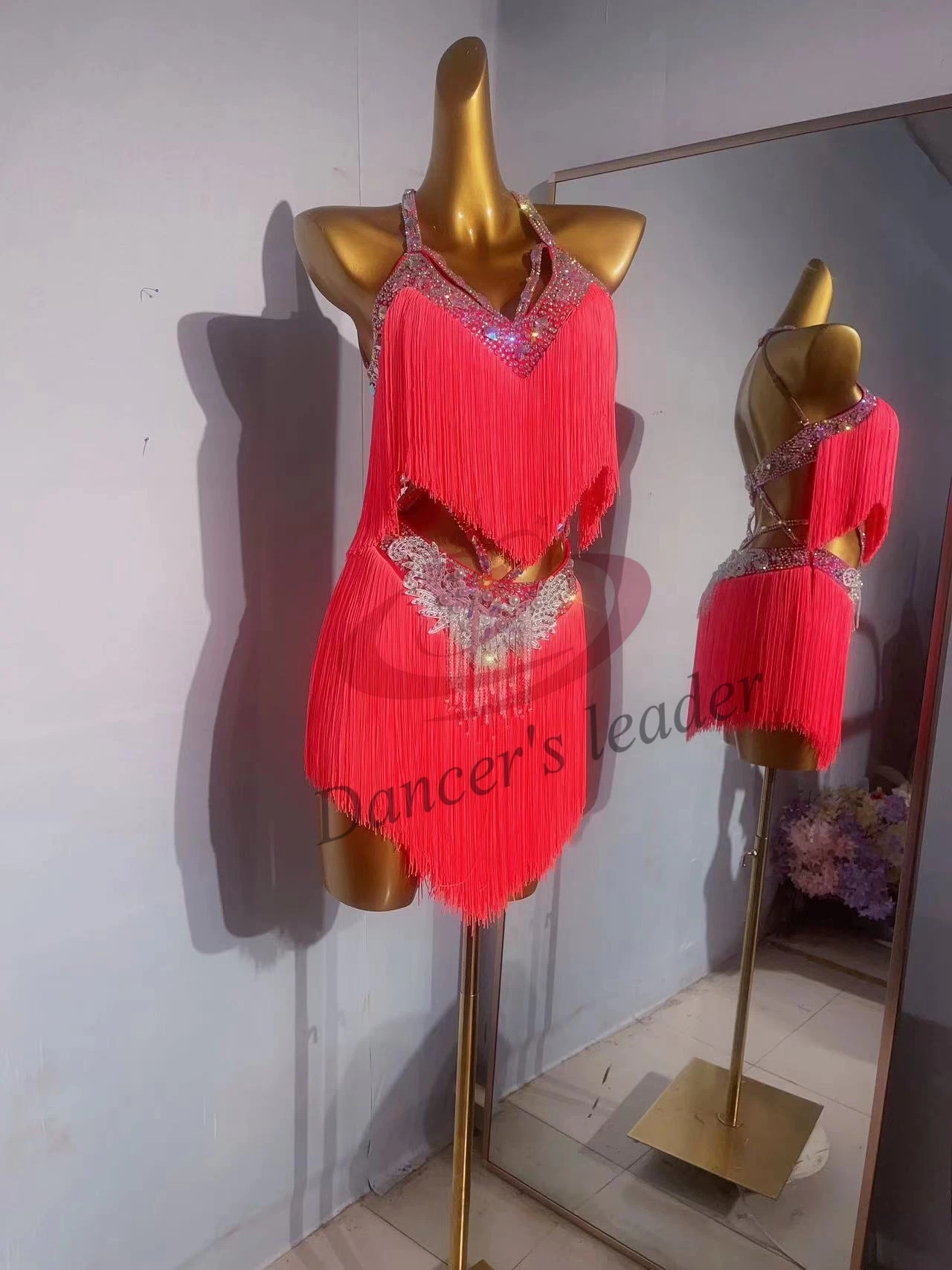 Latin Dance Stage Performance Special Grade Clothing High-end Custom Red Tassel With Rhinestone Samba Rumba Style Women's Dress