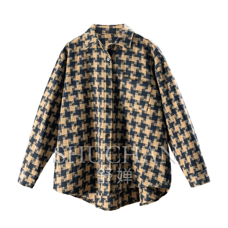 Retro French  Early Autumn Lazy Yarn-dyed Plaid Arc Pendulum Long-sleeved Shirt Jacket Women 5Y78