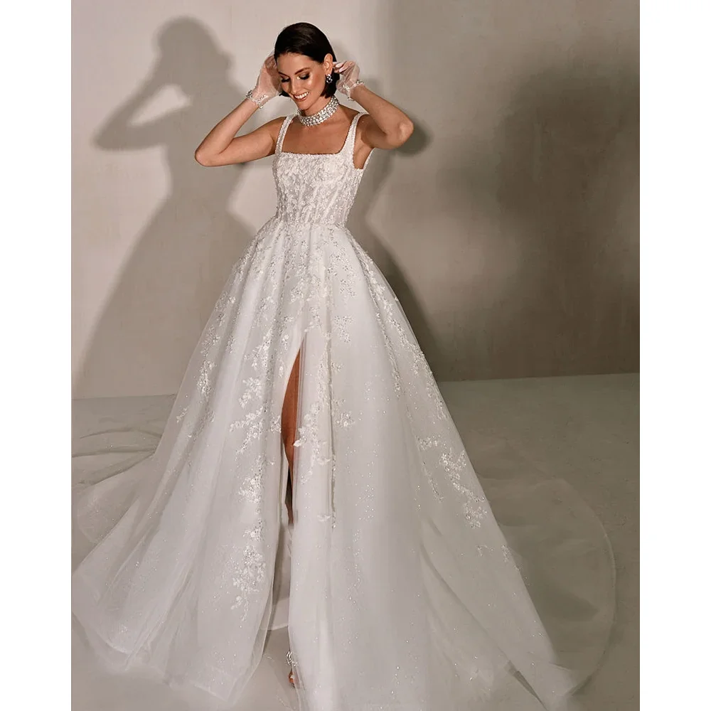 Vestidos de novia de encaje con apliques elegantes, vestidos elegantes de corte en A con lentejuelas y cuello cuadrado, vestidos de novia blancos con abertura lateral a la moda