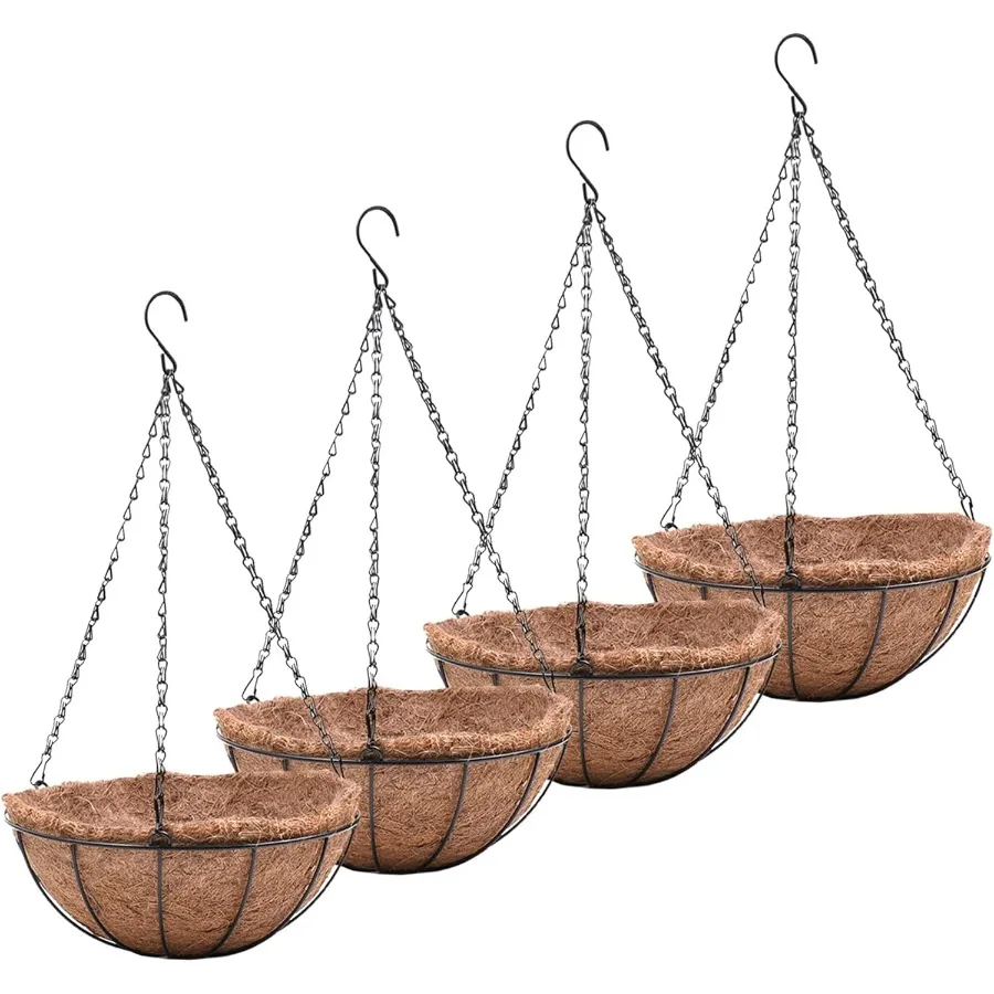 

14 inch Metal Hanging Baskets For Plants Outdoor 4 Pack Round Metal Wire Hanging Basket Planter with Coco Fiber Liners Chain Ro
