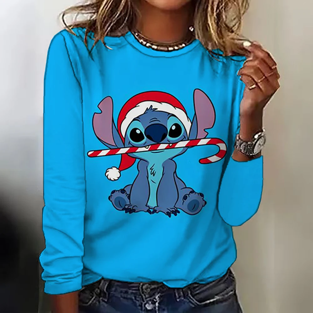 Kawaii Lilo Stitch Print T-shirts Tops for Women Lady AutumnChildren T-shirts Casual O-neck Ohana Stitch Disney T-shirts