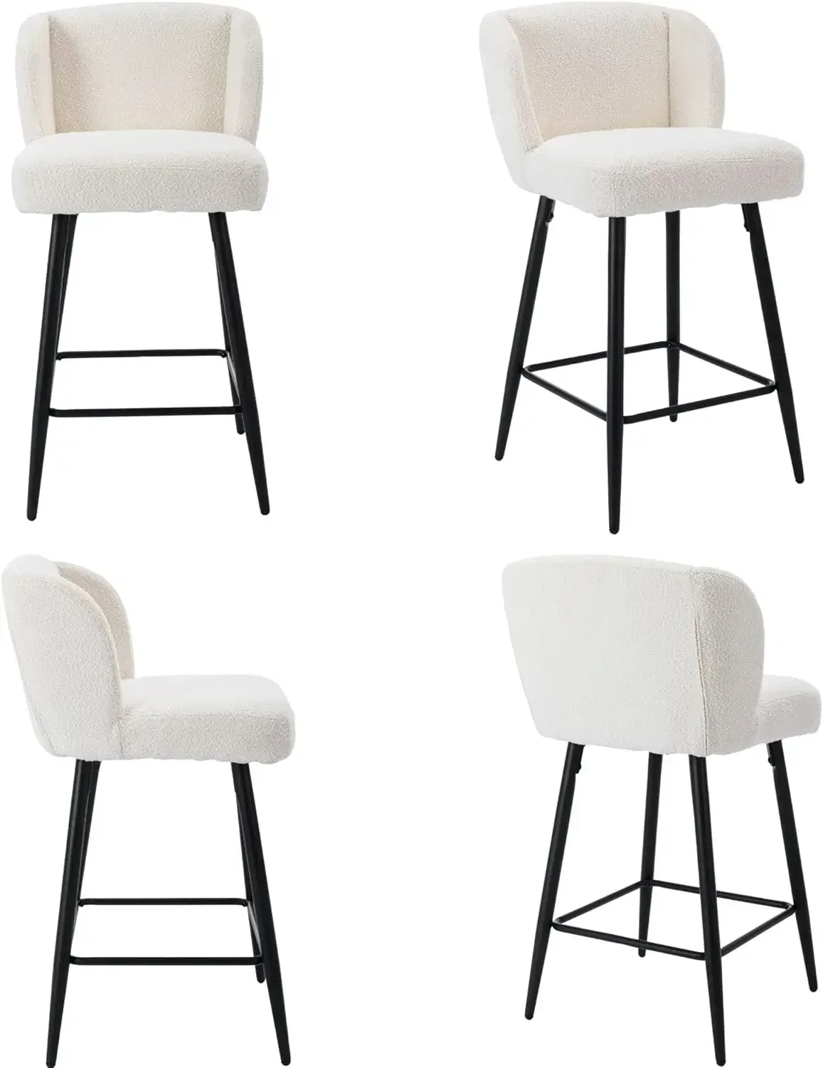 Modern Counter Height Bar Stools Set of 4, 26 Inch Faux Sherpa Upholstered,  Kitchen Counter/Breakfast Bar/Restaurant, White