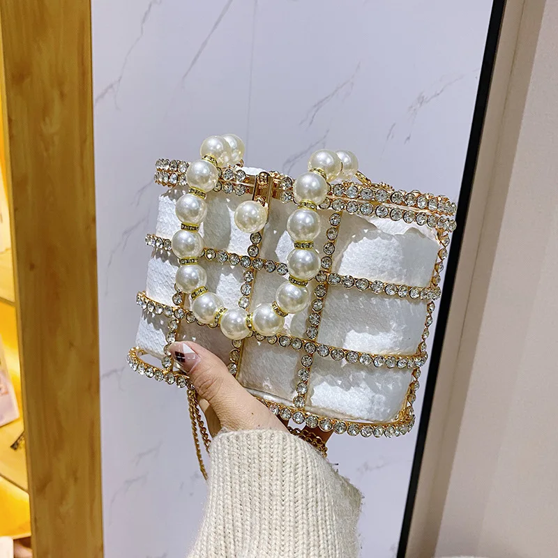 Diamonds Basket Evening Clutch Bags Women 2023 Luxury Hollow Out Pearl Beaded Metallic Cage Handbags Ladies Wedding Party Purse