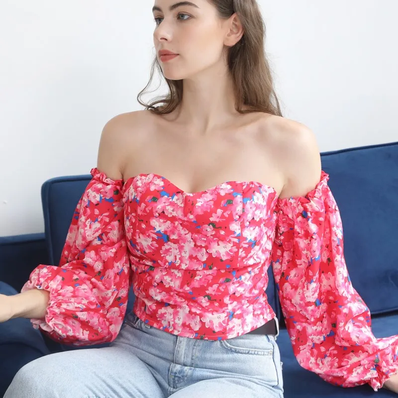 Women\'s Sexy Shirt 2024 Summer Off Shoulder Floral Blouses Women Boho Fashion Backless Blouse Female Holiday Folds Tops Clothing