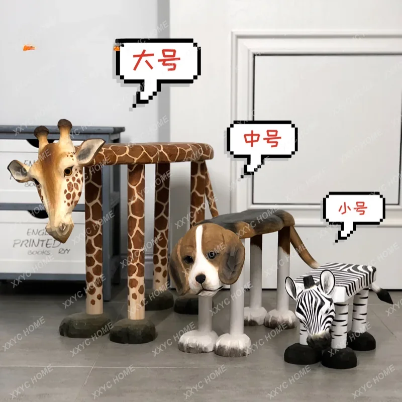 2 Solid Wood Hand Carved Medium Baby Animal Bench Children Low Stool Creative Home Stool Nordic Household Stool