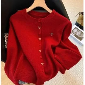 

2026 New Red Heart aped Button Sweater Coat Loose Fit Autumn Winter New Sle Casual Versatile Slimming Outerwear for Women