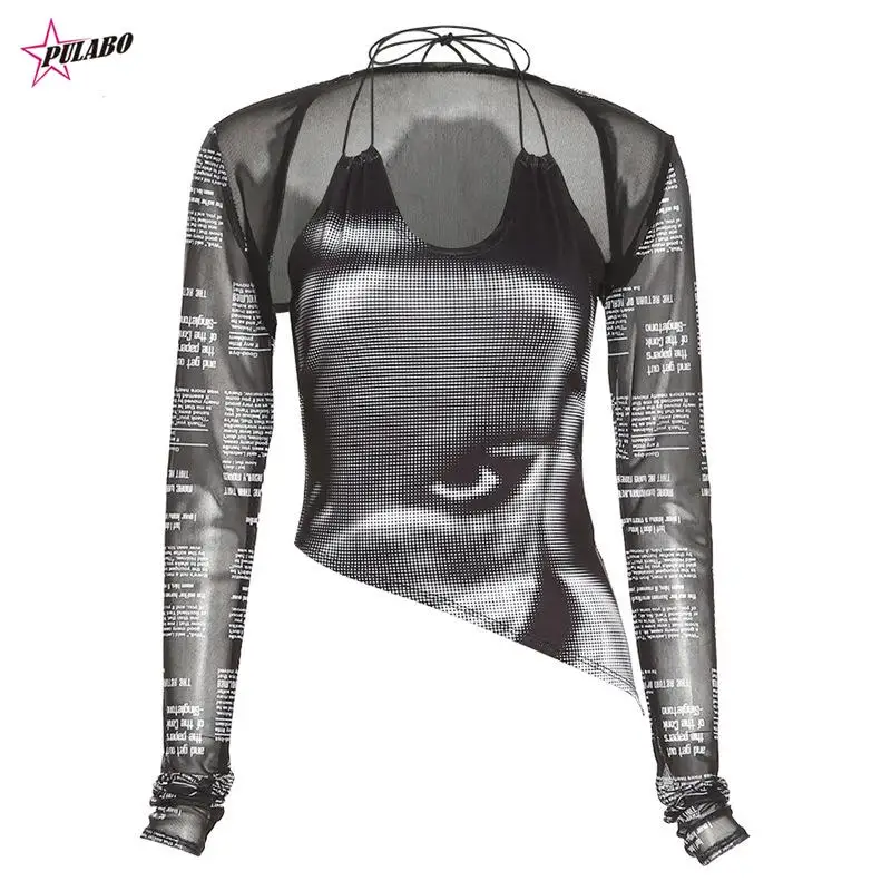 PULABO Fashion Sexy Printing Top T-Shirt Lace Up Halter Vest Shawl Two Piece Set Asymmetric Long-Sleeved Top