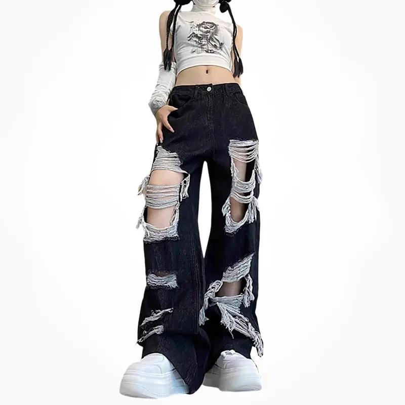 

Street Style Ripped Jeans for Women Summer Straight Wide Leg Pants Loose Vintage Trendy Denim Trousers Fashion Clothing Y2k