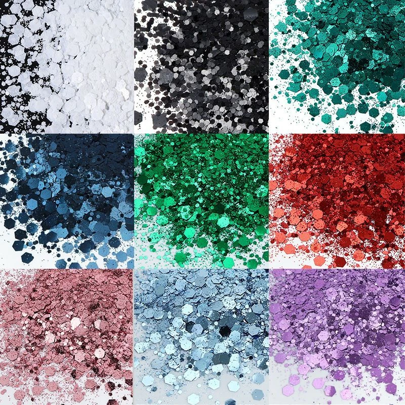 50g/Beutel Sechseckiges Glitzerpulver in verschiedenen Größen, metallische Pailletten, Kosmetikqualität für Nagelkunst, Harz, Tumbler, Slime, Körper, Gesicht, DIY – Detail 1
