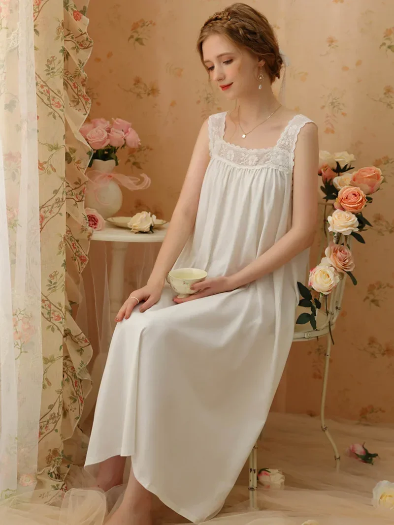 Women Summer Victorian Nightgowns Ruffles Sleeveless Cotton Lace Hollow Out Nightdress Sweet Vintage Princess Sexy Sleepwear