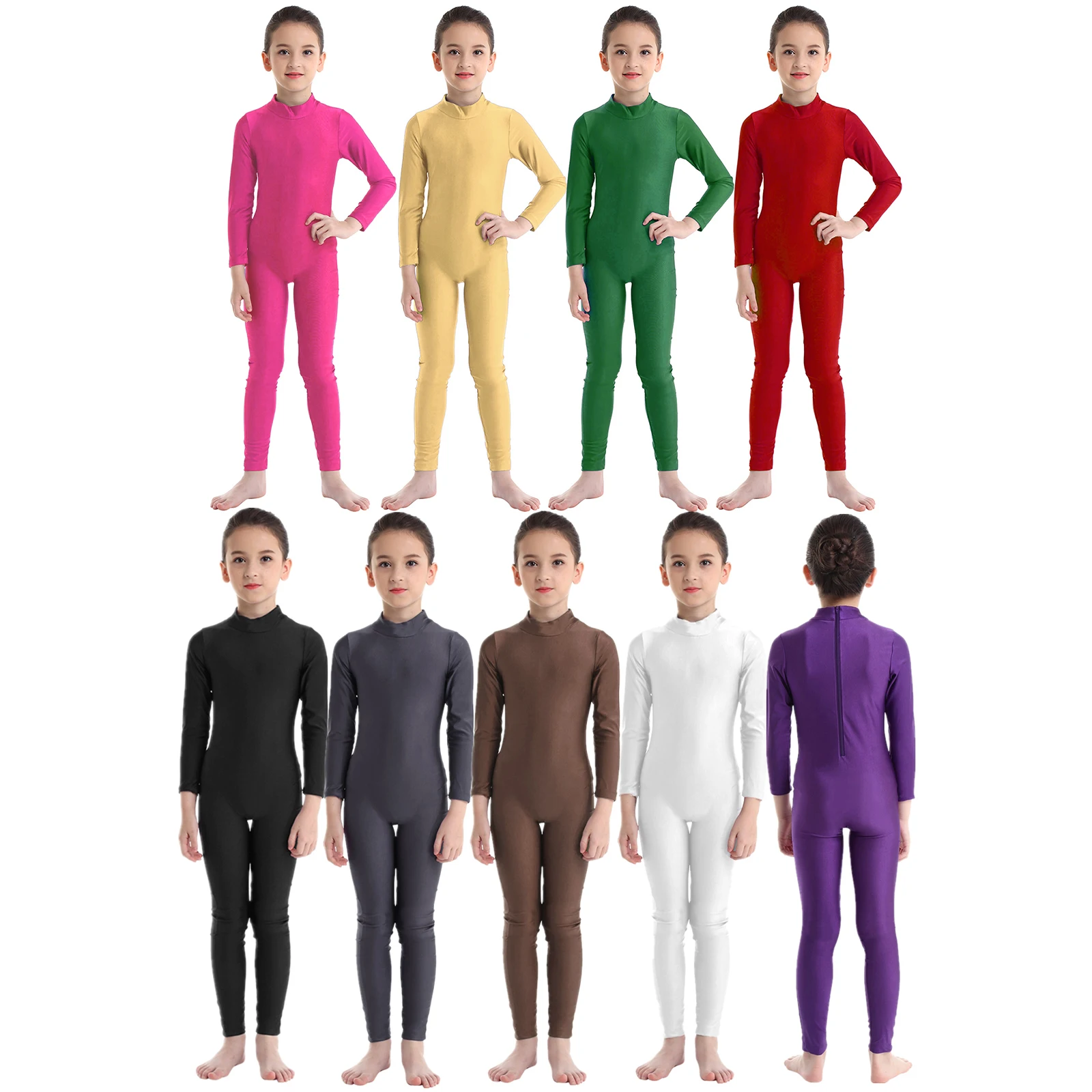 Kids Girls Ballet Dance Bodysuit Long Sleeves Zippered Full Body Gymnastics Leotard Jumpsuit Unitard Dancewear