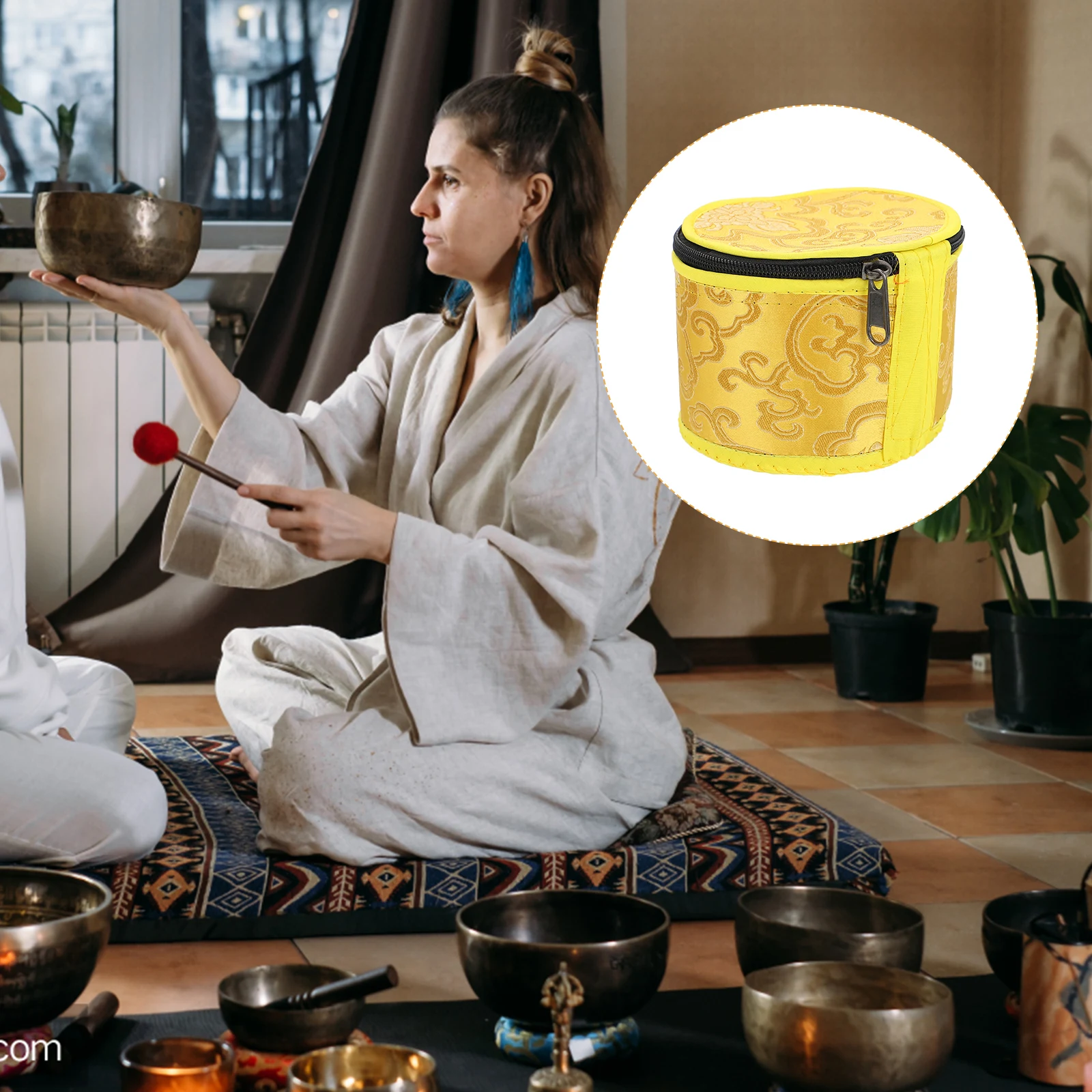 

Buddha Sound Bowl Set Meditation Tibetan Singing Holder Portable Carrying Case Cotton Prayer