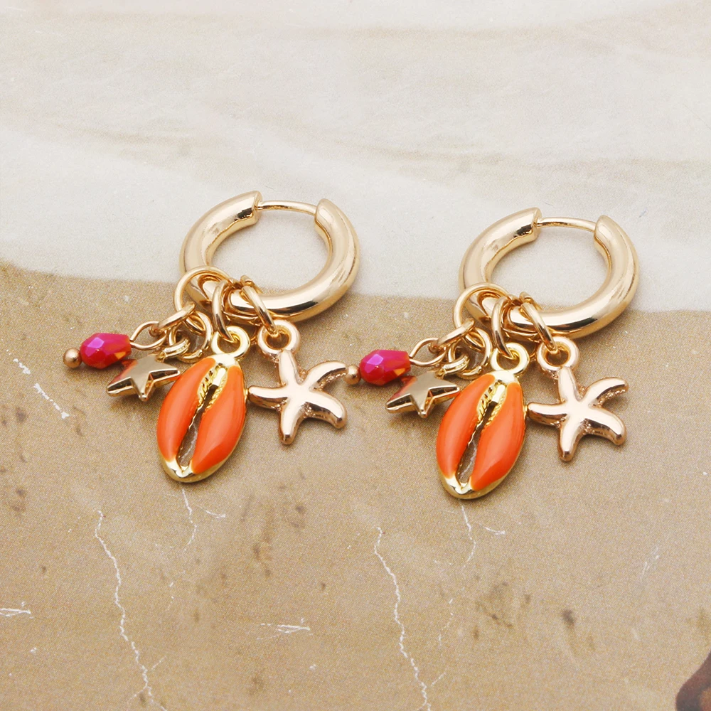 Summer Orange Shell Pendant Earrings For Woman Bohemia Charms Trendy Personality Dangle Hoop Ring Brinco Accessories Jewelry