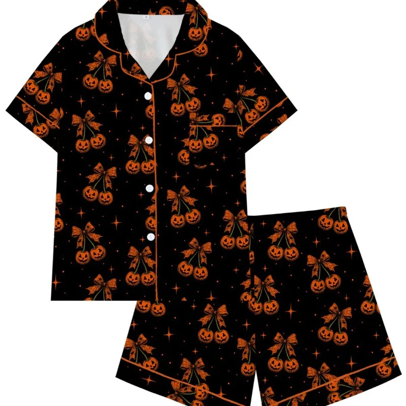 Women's Double Short Pajamas with TK Cherry Pumpkin Cartoon Print, Soft Milk Silk for Halloween Fun