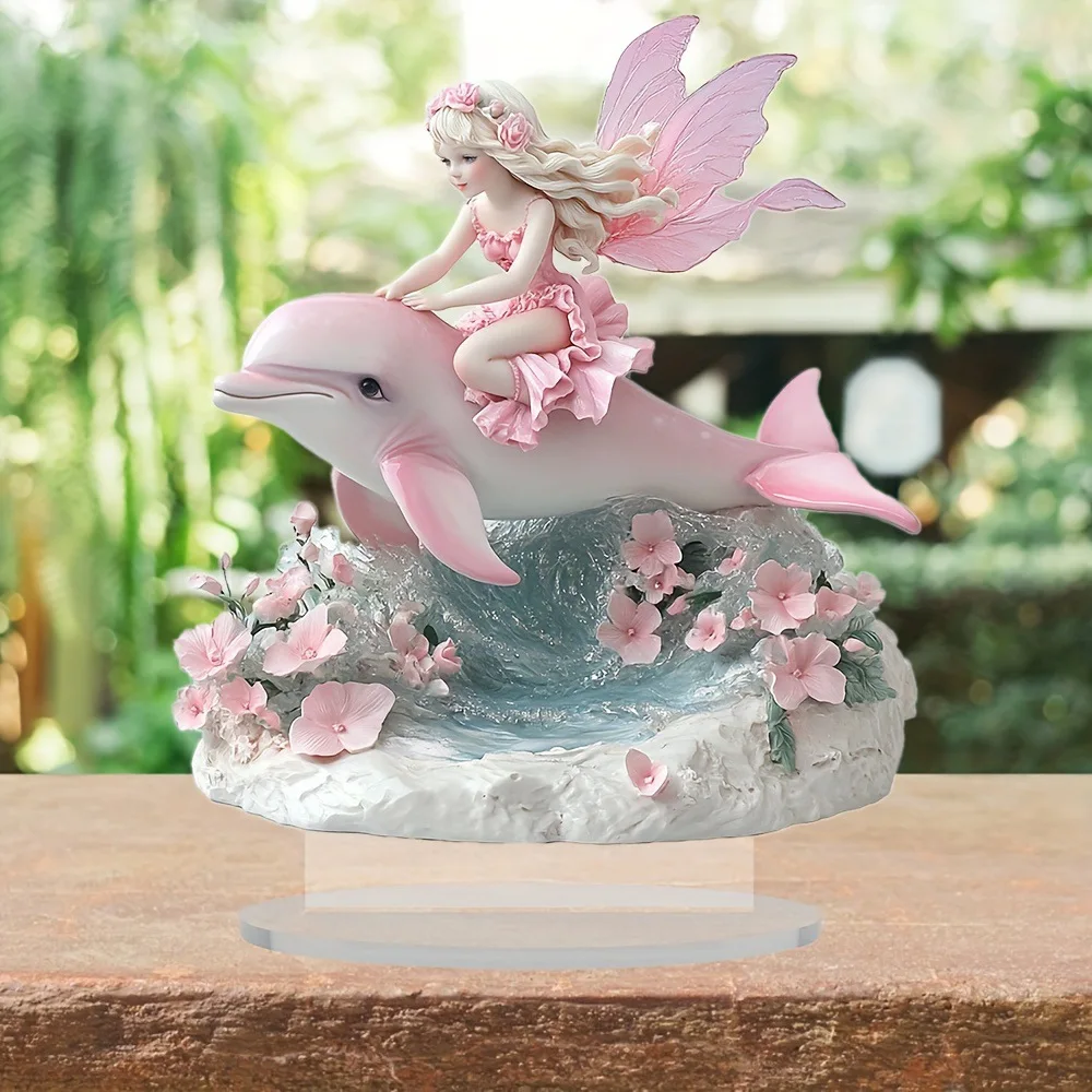 Bohemian Style 2D Flat Pink Fairy Riding Dolphin Acrylic Standee Floral Wave Design Desk Decor Home Table Ornament Gift Keychain