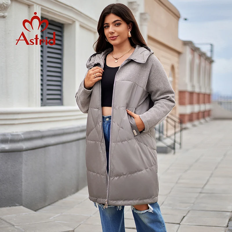 Astrid-Parka longue rembourrée à capuche pour femme, veste matelassurera décontractée, vêtements féminins, épissé combiné, grande taille, chaud, automne, hiver