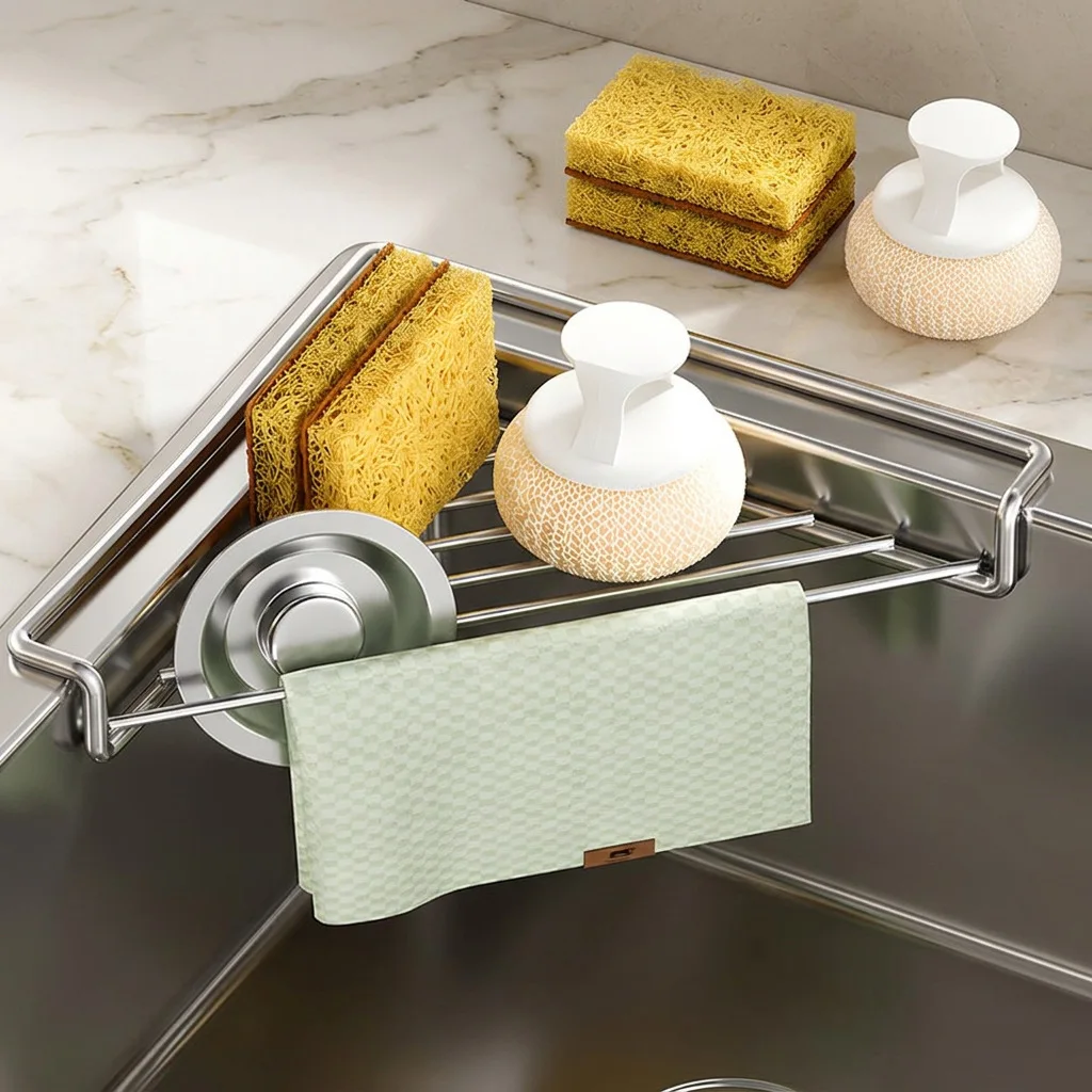 Metal Kitchen Sink Dish Draining Rack with Storage Basket, Triangular Countertop Organizer for Plates, Bowls and Sponges