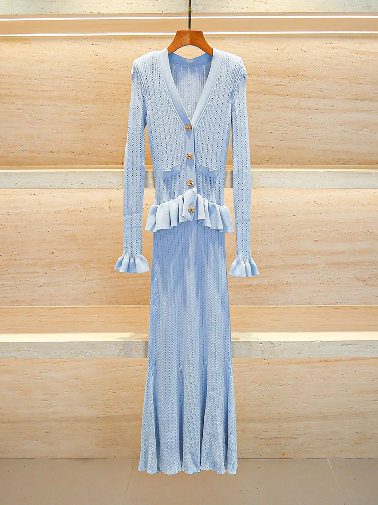 

High-End Women's Long Slim Fit Knitted Dr Blue V-Ne Puffy Collar Summer Dr Sp Home South Oil Premium Collection