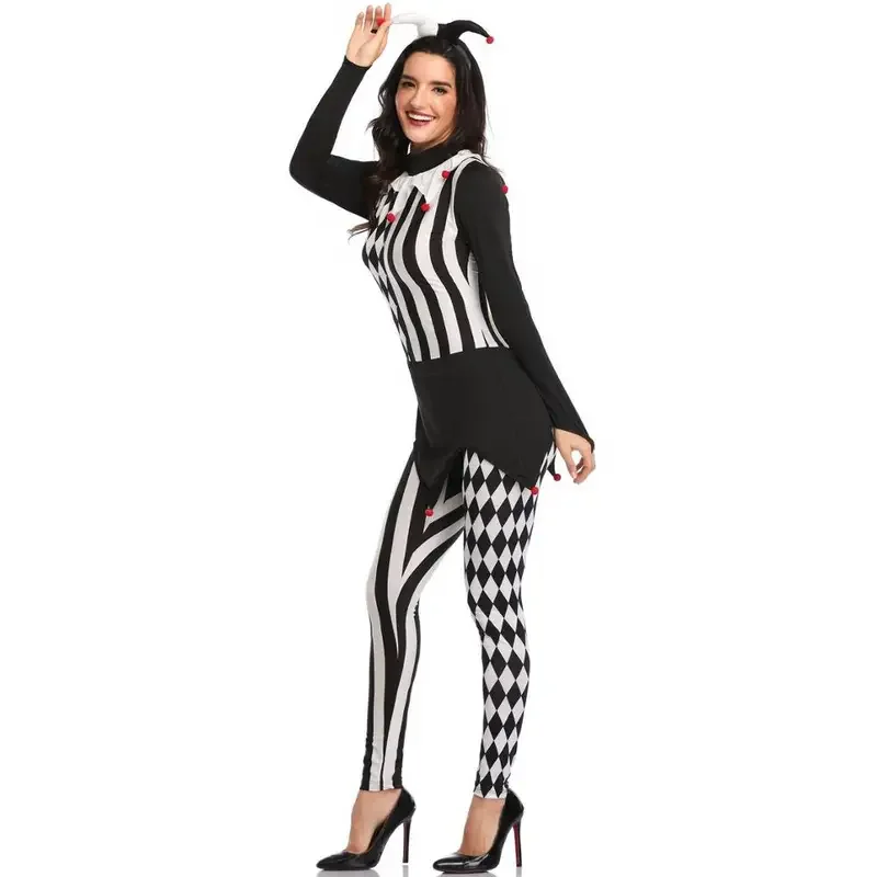 Women Killer Clown Costume Adult Cosplay Terror Clown Jumpsuits Halloween Funny Scary Clothing White Black Stripe Clown Outfits