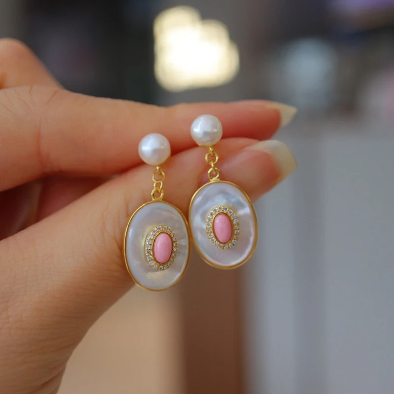 MIQIAO 925 Silver Earrings For Women Natural Jewelry White Fritillaria Lapis lazuli Pink Shell Queen Shell Green Agate Pearl Ear