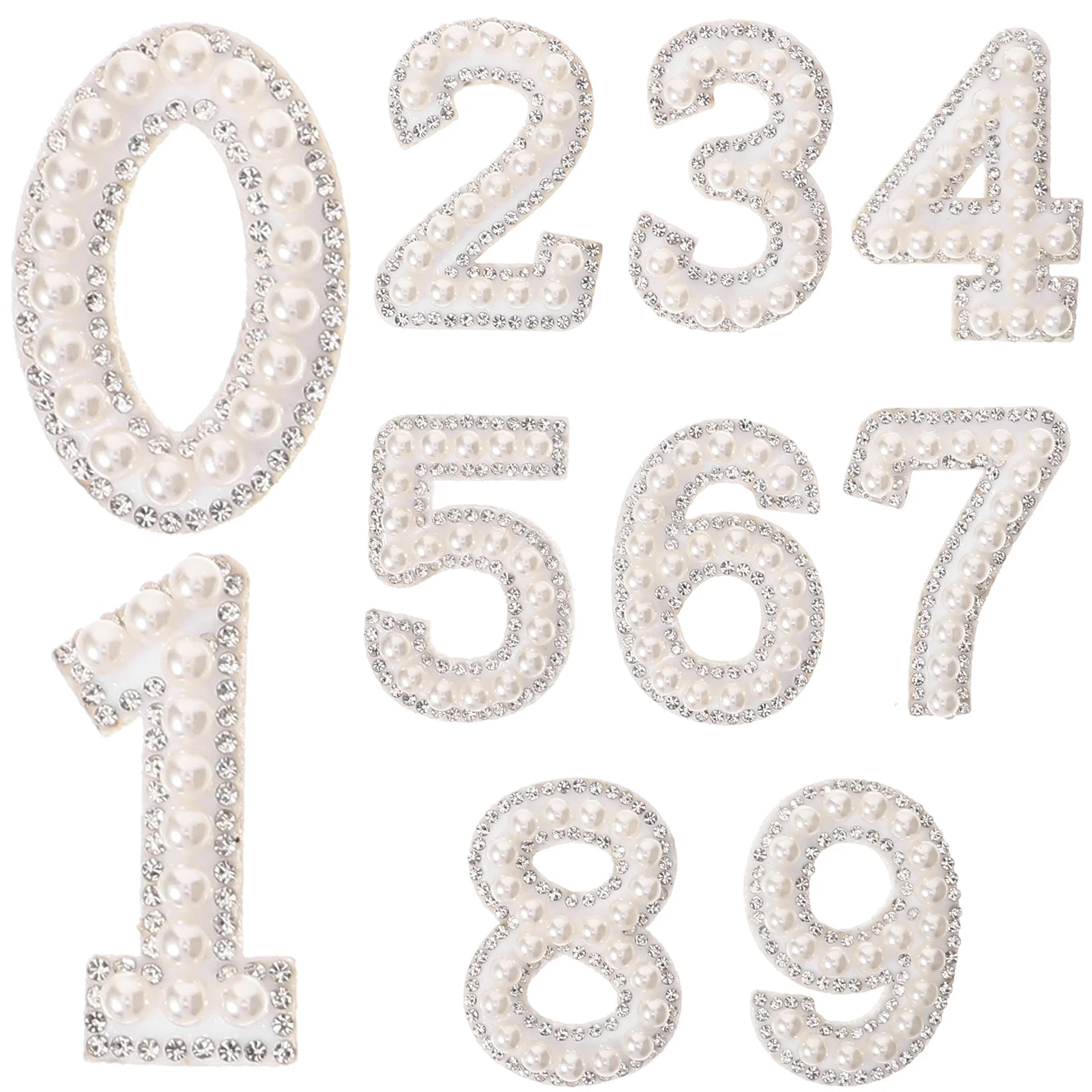 10Pcs Number Patches Pearl Rhinestone Iron On Appliques Embroidery Stickers Diy Sew On Cloth Scrapbook Backpack Handbag