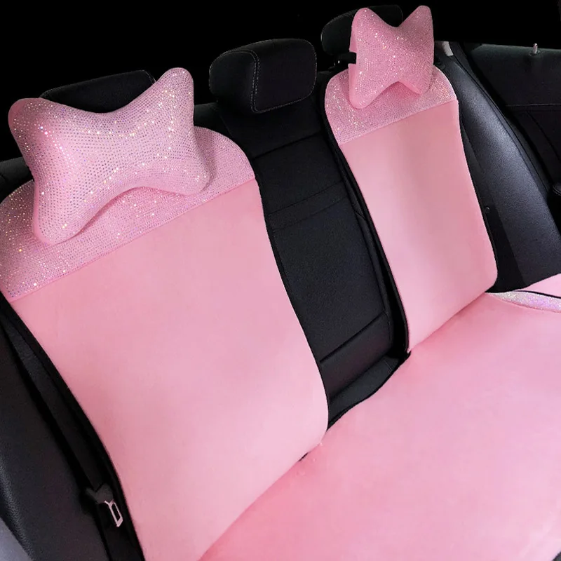 

Crystal Diamond Car Seat Covers Universal Auto Interior Accessorie Pink Plush Vehicle Front Seat Back Cushion Fit For Women Lady