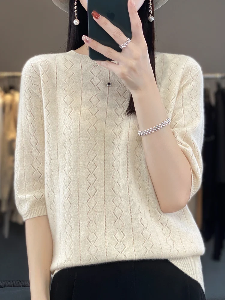 100% Merino Wool Women\' Sweater Spring Summer O-Neck Diamond Solid Color Hollow Out Solid Color Pullover Short Sleeved Soft Tops