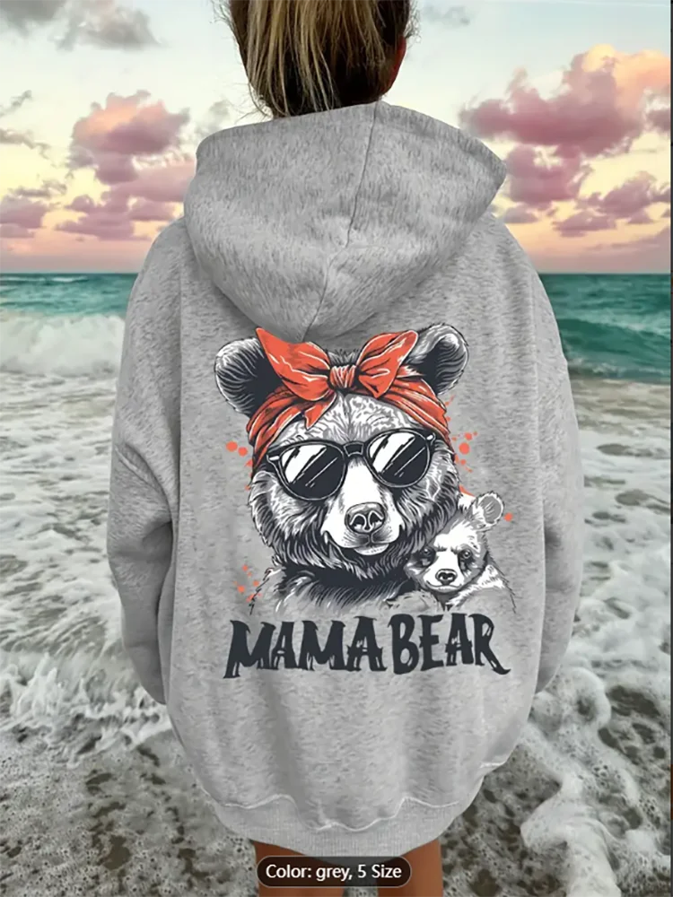 

Праздничная толстовка с капюшоном Mama Bear из мягкого эластичного полиэстера с животным принтом и карманами — идеально подходит для осенне-зимних пляжных дней