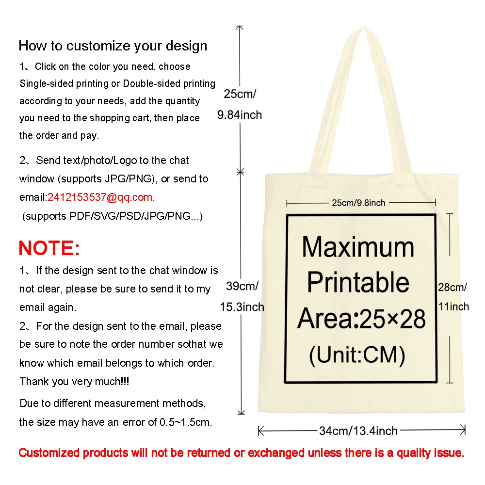 50pcs DIY Personal Customized Tote Bag Shopping Add Your Logo Print Original Design Travel Canvas Shoulder Bags Women Handbags