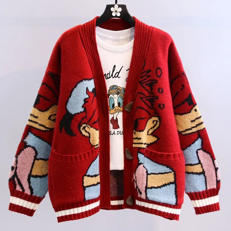 Disney Donald Duck Cute Cardigan Women Autumn Winter Long Sleeve Top Knitwear Y2k Korean Fashion Sweater Clothes