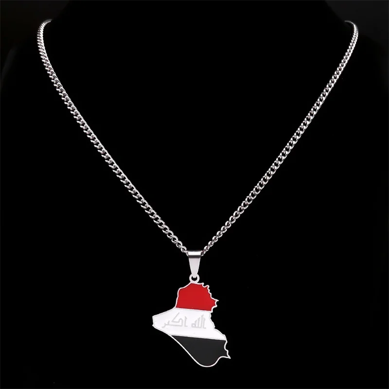 Iraq Republic Map Country Flag Pendant Necklace Women Men Stainless Steel Silver Color National Day Jewelry Accessories NXXXXS05